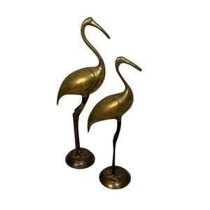 2 Vintage brass heron crane bird figurine statue 12.5" & 10.5"